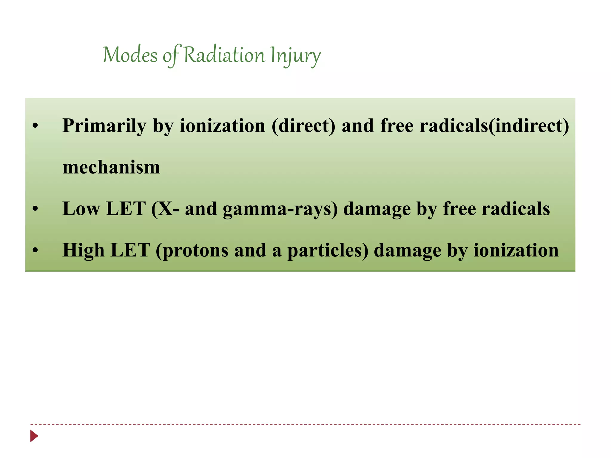 Modes of Radiation Injury
• Primarily by ionization (direct) and free radicals(indirect)
mechanism
• Low LET (X- and gamma-rays) damage by free radicals
• High LET (protons and a particles) damage by ionization
 