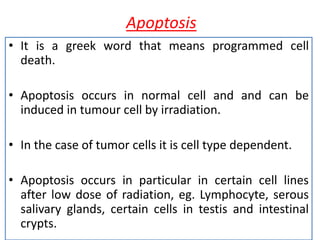Apoptosis
• It is a greek word that means programmed cell
death.
• Apoptosis occurs in normal cell and and can be
induced in tumour cell by irradiation.
• In the case of tumor cells it is cell type dependent.
• Apoptosis occurs in particular in certain cell lines
after low dose of radiation, eg. Lymphocyte, serous
salivary glands, certain cells in testis and intestinal
crypts.
 