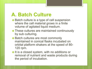 A. Batch Culture
 Batch culture is a type of cell suspension
where the cell material grows in a finite
volume of agitated liquid medium.
 These cultures are maintained continuously
by sub culturing.
 Batch cultures are most commonly
maintained in conical flasks incubated on
orbital platform shakers at the speed of 80-
120 rpm.
 It is a closed system, with no additions or
removal of nutrient and waste products during
the period of incubation.
 