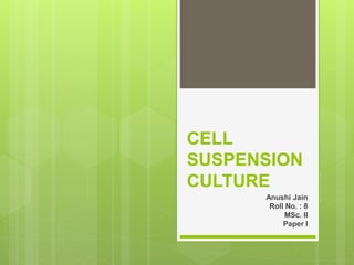 CELL
SUSPENSION
CULTURE
Anushi Jain
Roll No. : 8
MSc. II
Paper I
 