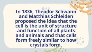 In 1836, Theodor Schwann
and Matthias Schleiden
proposed the idea that the
cell is the unit of structure
and function of all plants
and animals and that cells
form freely similar to how
crystals form.
 