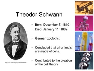 Theodor Schwann
• Born: December 7, 1810
• Died: January 11, 1882
• German zoologist
• Concluded that all animals
are made of cells.
• Contributed to the creation
of the cell theory
http://www.nndb.com/people/357/000096069/
 
