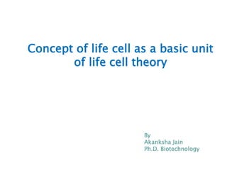 Concept of life cell as a basic unit
of life cell theory
By
Akanksha Jain
Ph.D. Biotechnology
 