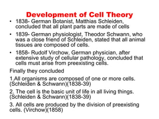 Development of Cell Theory
• 1838- German Botanist, Matthias Schleiden,
concluded that all plant parts are made of cells
• 1839- German physiologist, Theodor Schwann, who
was a close friend of Schleiden, stated that all animal
tissues are composed of cells.
• 1858- Rudolf Virchow, German physician, after
extensive study of cellular pathology, concluded that
cells must arise from preexisting cells.
Finally they concluded
1.All organisms are composed of one or more cells.
(Schleiden & Schwann)(1838-39)
2. The cell is the basic unit of life in all living things.
(Schleiden & Schwann)(1838-39)
3. All cells are produced by the division of preexisting
cells. (Virchow)(1858)
 