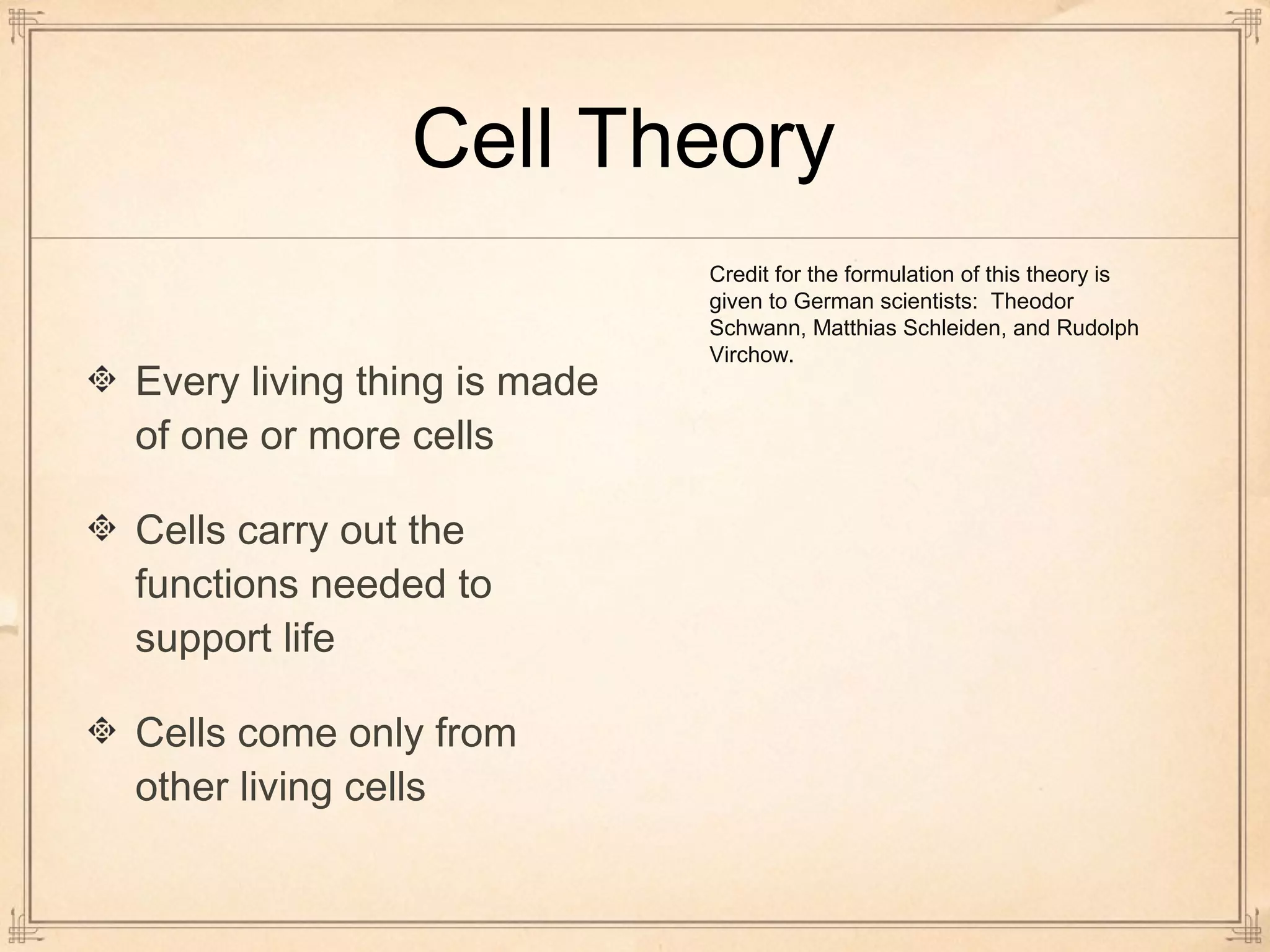 Cell Theory 
Every living thing is made 
of one or more cells 
Cells carry out the 
functions needed to 
support life 
Cells come only from 
other living cells 
Credit for the formulation of this theory is 
given to German scientists: Theodor 
Schwann, Matthias Schleiden, and Rudolph 
Virchow. 
 