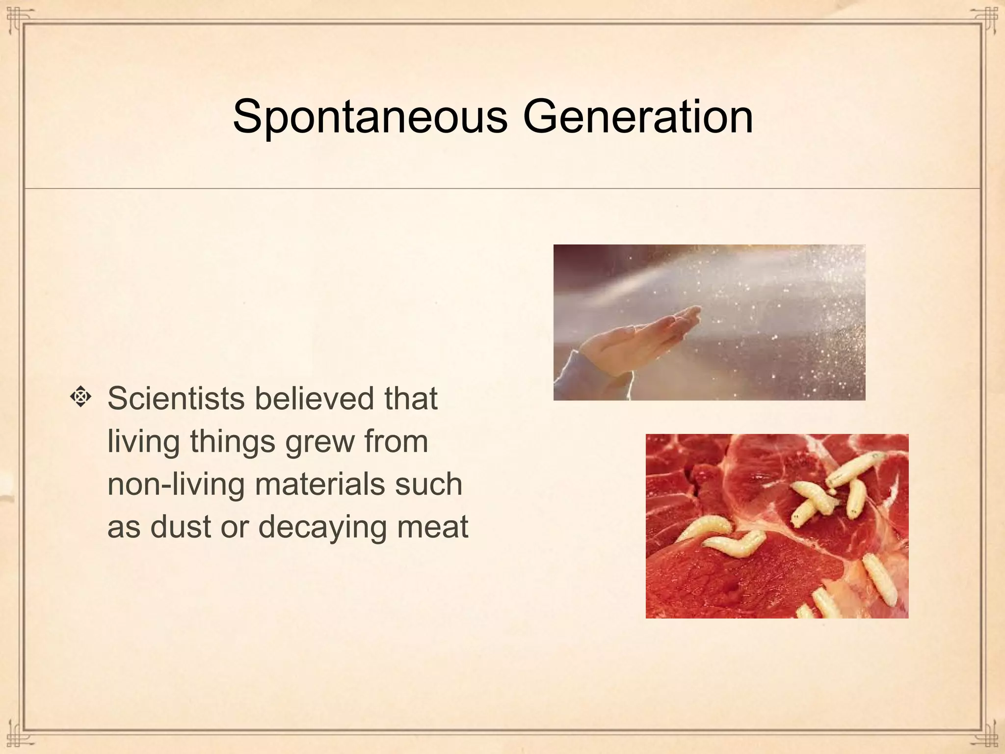 Spontaneous Generation 
Scientists believed that 
living things grew from 
non-living materials such 
as dust or decaying meat 
 