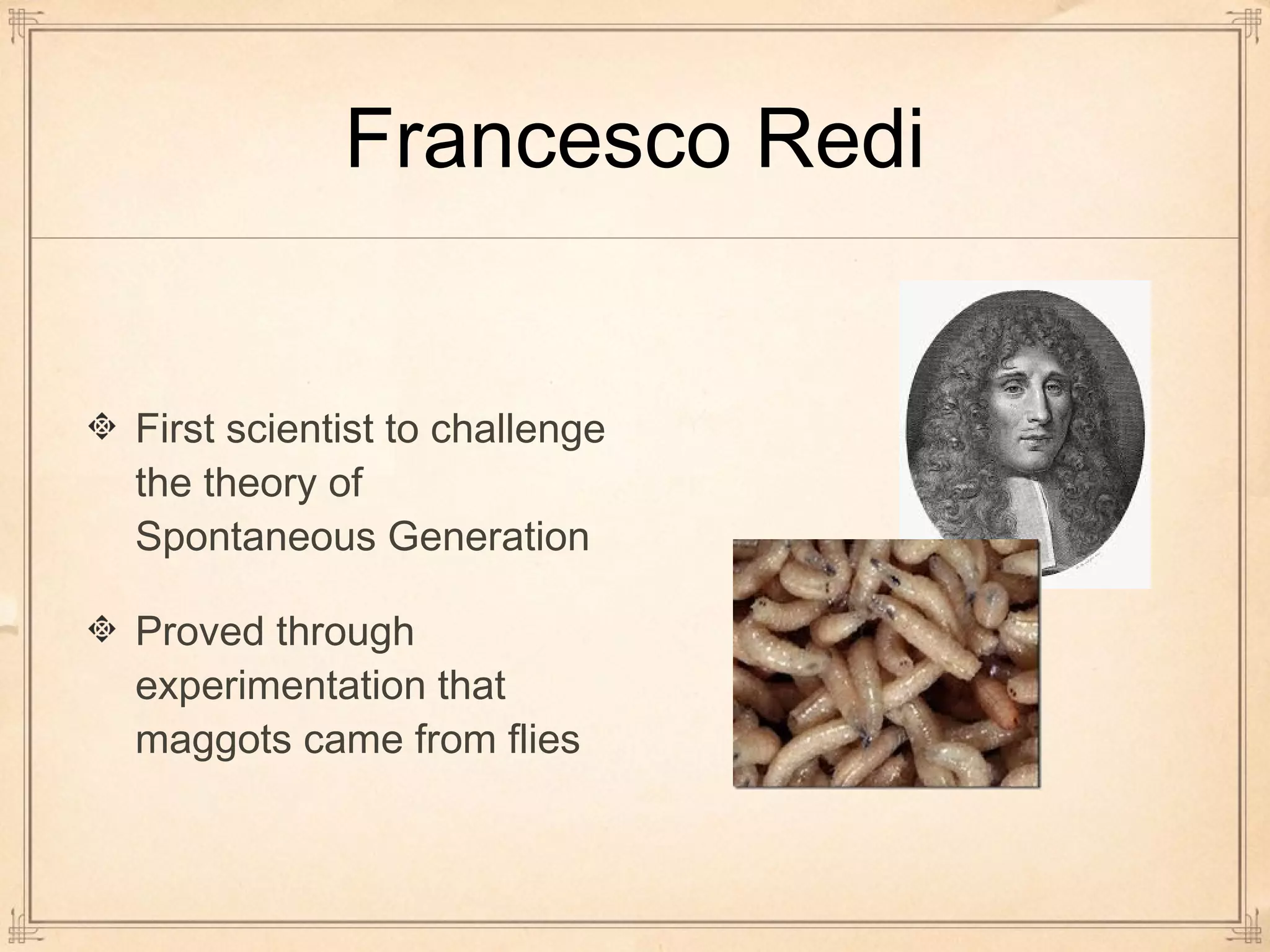 Francesco Redi 
First scientist to challenge 
the theory of 
Spontaneous Generation 
Proved through 
experimentation that 
maggots came from flies 
 