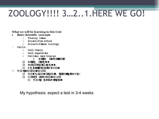 ZOOLOGY!!!! 3…2..1.HERE WE GO! My hypothesis: expect a test in 3-4 weeks  