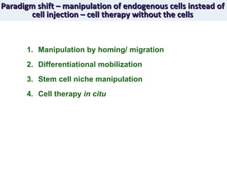 Paradigm shift – manipulation of endogenous cells instead of cell injection – cell therapy without the cells Manipulation by homing/ migration Differentiational mobilization  Stem cell niche manipulation Cell therapy  in citu  