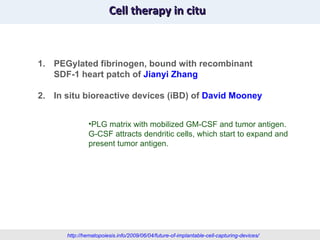 Cell therapy in citu  PEGylated fibrinogen, bound with recombinant SDF-1 heart patch of  Jianyi Zhang In situ bioreactive devices (iBD) of  David Mooney   http://hematopoiesis.info/2009/06/04/future-of-implantable-cell-capturing-devices/ PLG matrix with mobilized GM-CSF and tumor antigen. G-CSF attracts dendritic cells, which start to expand and present tumor antigen.  