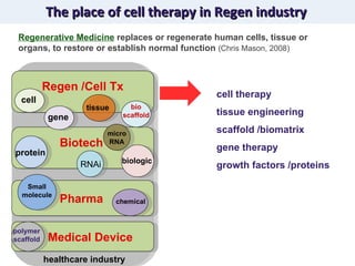 The place of cell therapy in Regen industry cell bio scaffold gene protein Regen /Cell Tx Biotech healthcare industry Pharma biologic Small molecule tissue chemical RNAi Regenerative Medicine   replaces or regenerate human cells, tissue or organs, to restore or establish normal function  (Chris Mason, 2008)  cell therapy  tissue engineering scaffold /biomatrix gene therapy growth factors /proteins Medical Device polymerscaffold micro RNA 