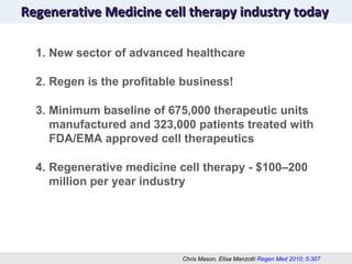 Regenerative Medicine cell therapy industry today New sector of advanced healthcare Regen is the profitable business! Minimum baseline of 675,000 therapeutic units manufactured and 323,000 patients treated with FDA/EMA approved cell therapeutics  Regenerative medicine cell therapy - $100–200 million per year industry Chris Mason, Elisa Manzotti  Regen Med 2010; 5:307 