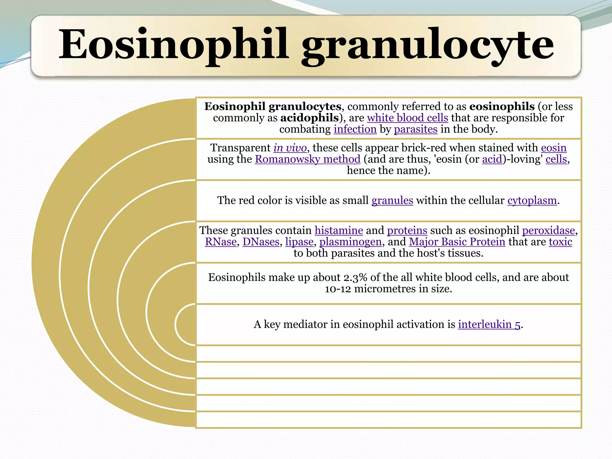 Eosinophil granulocyte
Eosinophil granulocytes, commonly referred to as eosinophils (or less
commonly as acidophils), are white blood cells that are responsible for
combating infection by parasites in the body.
Transparent in vivo, these cells appear brick-red when stained with eosin
using the Romanowsky method (and are thus, 'eosin (or acid)-loving' cells,
hence the name).
The red color is visible as small granules within the cellular cytoplasm.
These granules contain histamine and proteins such as eosinophil peroxidase,
RNase, DNases, lipase, plasminogen, and Major Basic Protein that are toxic
to both parasites and the host's tissues.
Eosinophils make up about 2.3% of the all white blood cells, and are about
10-12 micrometres in size.
A key mediator in eosinophil activation is interleukin 5.
 