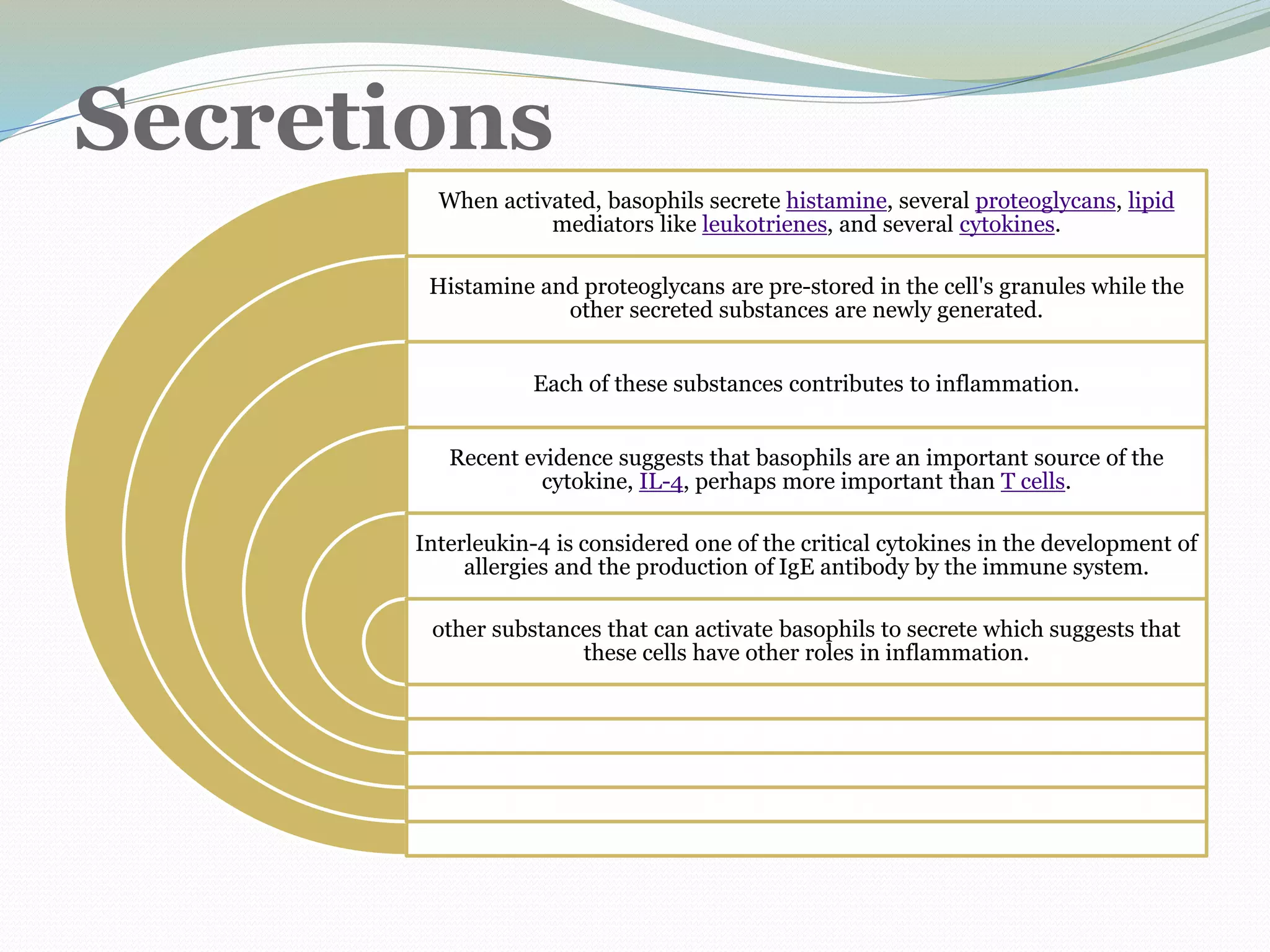 Secretions
When activated, basophils secrete histamine, several proteoglycans, lipid
mediators like leukotrienes, and several cytokines.
Histamine and proteoglycans are pre-stored in the cell's granules while the
other secreted substances are newly generated.
Each of these substances contributes to inflammation.
Recent evidence suggests that basophils are an important source of the
cytokine, IL-4, perhaps more important than T cells.
Interleukin-4 is considered one of the critical cytokines in the development of
allergies and the production of IgE antibody by the immune system.
other substances that can activate basophils to secrete which suggests that
these cells have other roles in inflammation.
 