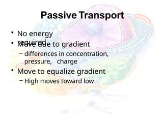 Passive Transport
• No energy
required
• Move due to gradient
– differences in concentration,
pressure, charge
• Move to equalize gradient
– High moves toward low
 