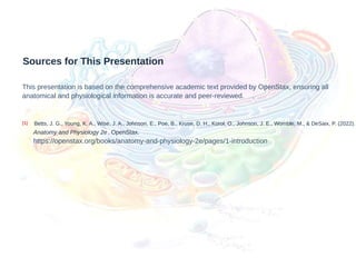 Sources for This Presentation
This presentation is based on the comprehensive academic text provided by OpenStax, ensuring all
anatomical and physiological information is accurate and peer-reviewed.
[1] Betts, J. G., Young, K. A., Wise, J. A., Johnson, E., Poe, B., Kruse, D. H., Korol, O., Johnson, J. E., Womble, M., & DeSaix, P. (2022).
Anatomy and Physiology 2e. OpenStax.
https://openstax.org/books/anatomy-and-physiology-2e/pages/1-introduction
 
