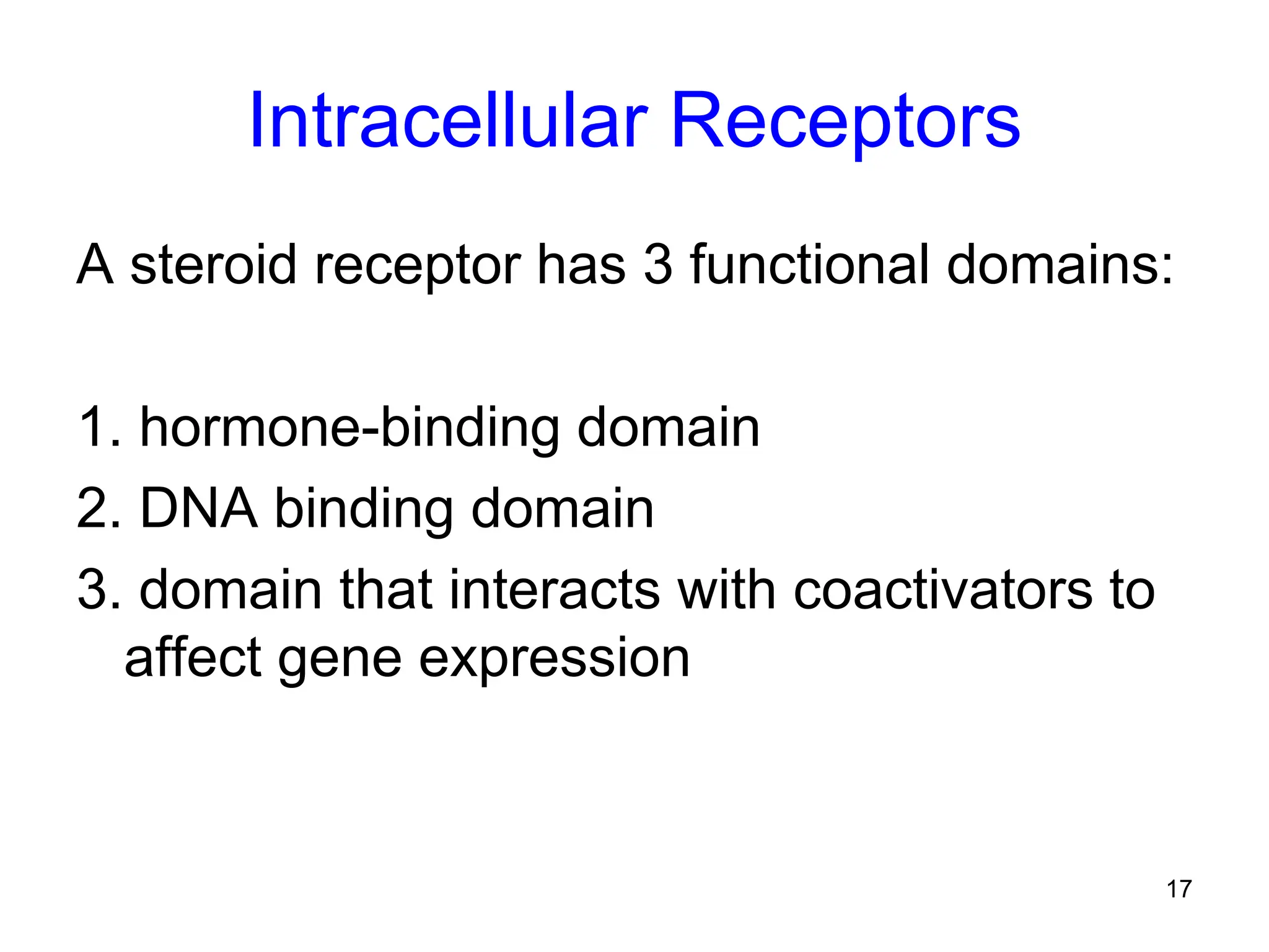 17
Intracellular Receptors
A steroid receptor has 3 functional domains:
1. hormone-binding domain
2. DNA binding domain
3. domain that interacts with coactivators to
affect gene expression
 