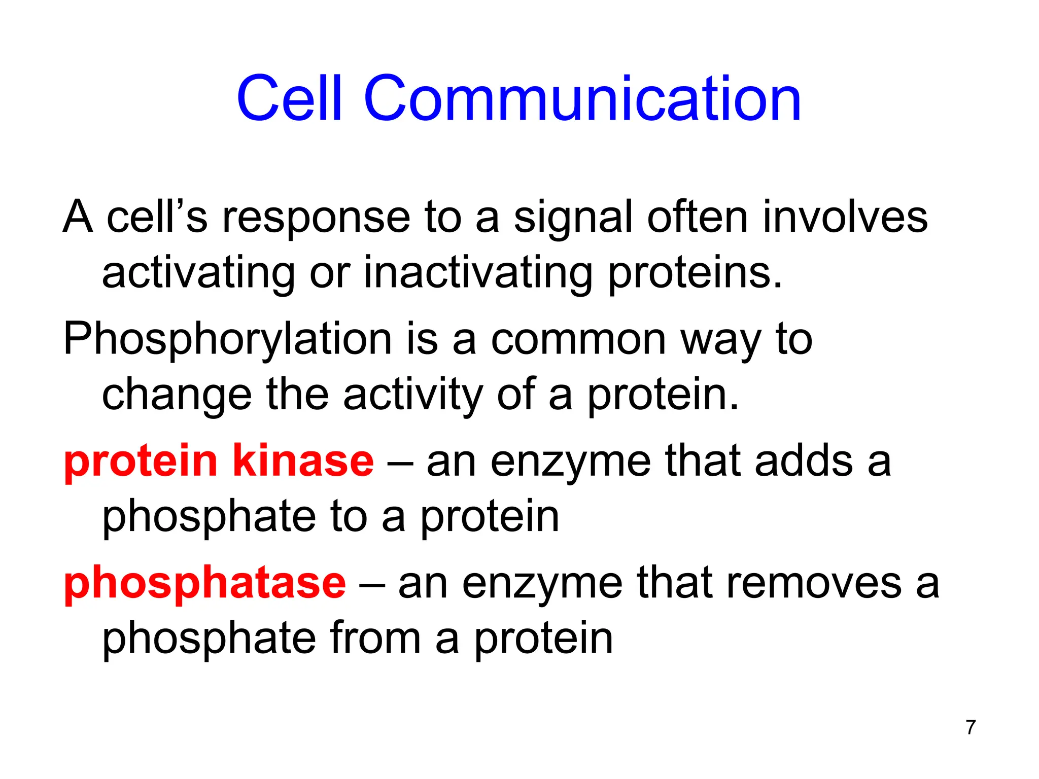 7
Cell Communication
A cell’s response to a signal often involves
activating or inactivating proteins.
Phosphorylation is a common way to
change the activity of a protein.
protein kinase – an enzyme that adds a
phosphate to a protein
phosphatase – an enzyme that removes a
phosphate from a protein
 
