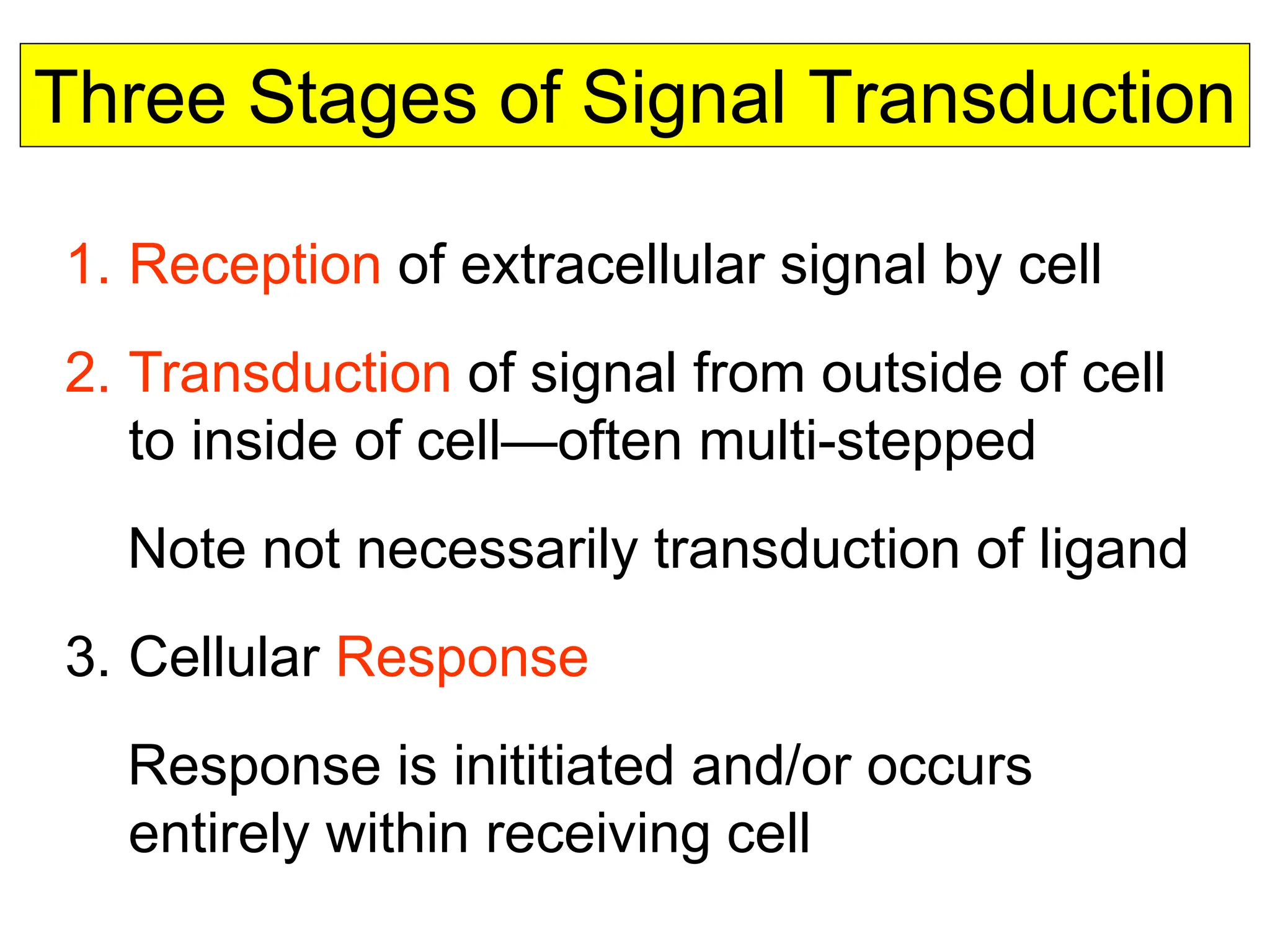 Three Stages of Signal Transduction
1. Reception of extracellular signal by cell
2. Transduction of signal from outside of cell
to inside of cell—often multi-stepped
Note not necessarily transduction of ligand
3. Cellular Response
Response is inititiated and/or occurs
entirely within receiving cell
 
