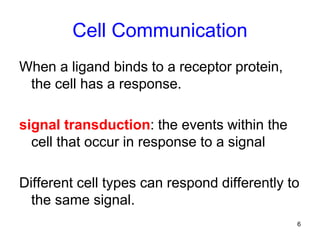 6
Cell Communication
When a ligand binds to a receptor protein,
the cell has a response.
signal transduction: the events within the
cell that occur in response to a signal
Different cell types can respond differently to
the same signal.
 