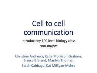 Cell to cell
communication
Introductory 100 level biology class
Non-majors
Christine Andrews, Katie Morrison-Graham,
Bianca Breland, Marilyn Thomas,
Sarah Cabbage, Kat Milligan-Myhre
 