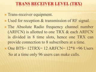 TRANS RECEIVER LEVEL (TRX) 
Trans-receiverequipment. 
Usedforreception&transmissionofRFsignal. 
TheAbsoluteRadiofrequencychannelnumber(ARFCN)isallottedtooneTRX&eachARFCNisdividedin8timeslots,henceoneTRXcanprovideconnectionto8subscribersatatime. 
OneBTS=12TRX=12ARFCN=12*8=96Users 
Soatatimeonly96userscanmakecalls.  