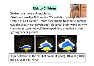 Risk to Children
Children are more vulnerable as:
• Skulls are smaller & thinner - ↑’s radia on absorp on
• ↑rate of Cell division - more susceptible to genetic damage
• yelin sheath not developed - Electrical brain-wave activity
•Immune system not well developed -less effective against
fighting cancer growth




RF penetration in the skull of an adult (25%), 10 year (50%)
and a 5 year old (75%).
 