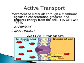 Movement of materials through a membrane
against a concentration gradient and
requires energy from the cell. IT IS OF TWO
TYPES
 A) PRIMARY
 B)SECONDARY
 