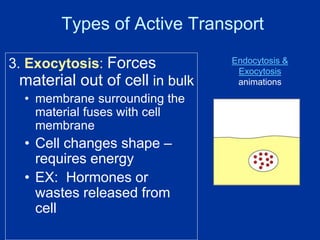 Types of Active Transport
3. Exocytosis: Forces
material out of cell in bulk
• membrane surrounding the
material fuses with cell
membrane
• Cell changes shape –
requires energy
• EX: Hormones or
wastes released from
cell
Endocytosis &
Exocytosis
animations
 