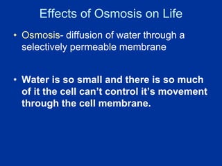 Effects of Osmosis on Life
• Osmosis- diffusion of water through a
selectively permeable membrane
• Water is so small and there is so much
of it the cell can’t control it’s movement
through the cell membrane.
 