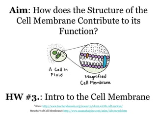 Aim: How does the Structure of the
Cell Membrane Contribute to its
Function?
HW #3.: Intro to the Cell Membrane
Video: http://www.teachersdomain.org/resource/tdc02.sci.life.cell.nucleus/
Structure of Cell Membrane: http://www.susanahalpine.com/anim/Life/memb.htm
 