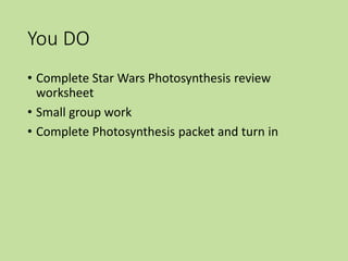 You DO
• Complete Star Wars Photosynthesis review
worksheet
• Small group work
• Complete Photosynthesis packet and turn in
 