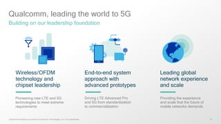 34
Qualcomm, leading the world to 5G
Building on our leadership foundation
Pioneering new LTE and 5G
technologies to meet extreme
requirements
Wireless/OFDM
technology and
chipset leadership
Driving LTE Advanced Pro
and 5G from standardization
to commercialization
End-to-end system
approach with
advanced prototypes
Providing the experience
and scale that the future of
mobile networks demands
Leading global
network experience
and scale
Qualcomm® chipsets are products of Qualcomm Technologies, Inc. or its subsidiaries
 