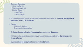 Common Examples;
1. Uterine Cervix
2. Respiratory tract
3. Other Sites:
- Oral Cavity
- Oesophagus
In cervix Dysplasia of mild moderate and severe is also called as “Cervical Intraepithelial
Neoplasia” CIN - I, II, III Grades.
Causes :
Chronic Irritation
Prolonged Inflammation
On Removing the stimulus the dysplastic changes may disappear.
If the stimulus persists so long it may proceed to severe grade or to Carcinoma or to
Invasive Cancer
Dysplasia may be precursor to cancer but not always.
 