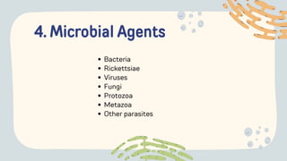 4. Microbial Agents
Bacteria
Rickettsiae
Viruses
Fungi
Protozoa
Metazoa
Other parasites
 