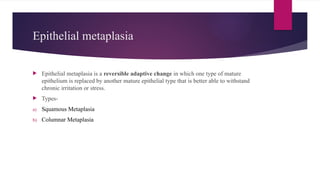 Epithelial metaplasia
 Epithelial metaplasia is a reversible adaptive change in which one type of mature
epithelium is replaced by another mature epithelial type that is better able to withstand
chronic irritation or stress.
 Types-
a) Squamous Metaplasia
b) Columnar Metaplasia
 