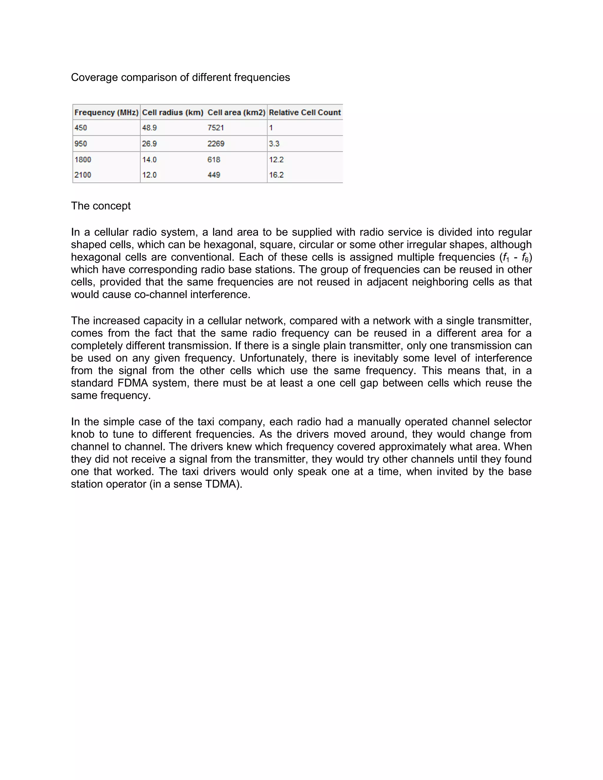 Coverage comparison of different frequencies




The concept

In a cellular radio system, a land area to be supplied with radio service is divided into regular
shaped cells, which can be hexagonal, square, circular or some other irregular shapes, although
hexagonal cells are conventional. Each of these cells is assigned multiple frequencies (f1 - f6)
which have corresponding radio base stations. The group of frequencies can be reused in other
cells, provided that the same frequencies are not reused in adjacent neighboring cells as that
would cause co-channel interference.

The increased capacity in a cellular network, compared with a network with a single transmitter,
comes from the fact that the same radio frequency can be reused in a different area for a
completely different transmission. If there is a single plain transmitter, only one transmission can
be used on any given frequency. Unfortunately, there is inevitably some level of interference
from the signal from the other cells which use the same frequency. This means that, in a
standard FDMA system, there must be at least a one cell gap between cells which reuse the
same frequency.

In the simple case of the taxi company, each radio had a manually operated channel selector
knob to tune to different frequencies. As the drivers moved around, they would change from
channel to channel. The drivers knew which frequency covered approximately what area. When
they did not receive a signal from the transmitter, they would try other channels until they found
one that worked. The taxi drivers would only speak one at a time, when invited by the base
station operator (in a sense TDMA).
 