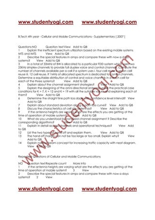 www.studentyogi.com                             www.studentyogi.com

B.Tech 4th year - Cellular and Mobile Communications - Supplementary [ 2007 ]


Questions:NO            Question text View Add to QB
1       Explain the inefficient spectrum utilization based on the existing mobile systems
MTS and IMTS            View Add to QB
2       Describe the special features in amps and compare these with now a days
systems?        View Add to QB
3       In a total of 33MHz of BW is allocated to a particular FDD system which uses two
25KHz simplex channels to provide full duplex voice and control channels. Compute the
number of channels available per a cell if a system uses i. four cell reuse ii. seven cell
reuse iii. 12 cell reuse. If 1MHz of allocated spectrum is dedicated to control channels.
Determine a equitable distribution of control and voice channels in a each cell for
each of the three systems?             View Add to QB
4       Explain about the channel assignment strategies?         View Add to QB
5       Explain the designing of the omni directional antenna under the practical case
conditions for K = 7, K = 12 and K = 19 with all the suitable values and explaining each of
them?           View Add to QB
6       Determine the straight line path loss slope with confidence level interval? View
        Add to QB
7       Explain about standard deviation along a path loss curve? View Add to QB
8       Discuss the characteristics of cell site antennas?       View Add to QB
9        If the antenna heights are varying what are the effects you are getting at the
time of operation of mobile system?          View Add to QB
10      What do you understood by non fixed channel assignment ? Describe the
corresponding algorithms?              View Add to QB
11      Explain in detail access channels and operational techniques?           View Add
to QB
12      List the two types of hand off and explain them.         View Add to QB
13      The hand off margin can not be too large or too small. Explain why?           View
        Add to QB
14      Explain narrow beam concept for increasing traffic capacity with neat diagram.
        View Add to QB


Repeated Questions of Cellular and Mobile Communications

NO     Question text Repeate count        More Info
1       If the antenna heights are varying what are the effects you are getting at the
time of operation of mobile system?       3     View
2      Describe the special features in amps and compare these with now a days
systems?       2     View



www.studentyogi.com                             www.studentyogi.com
 