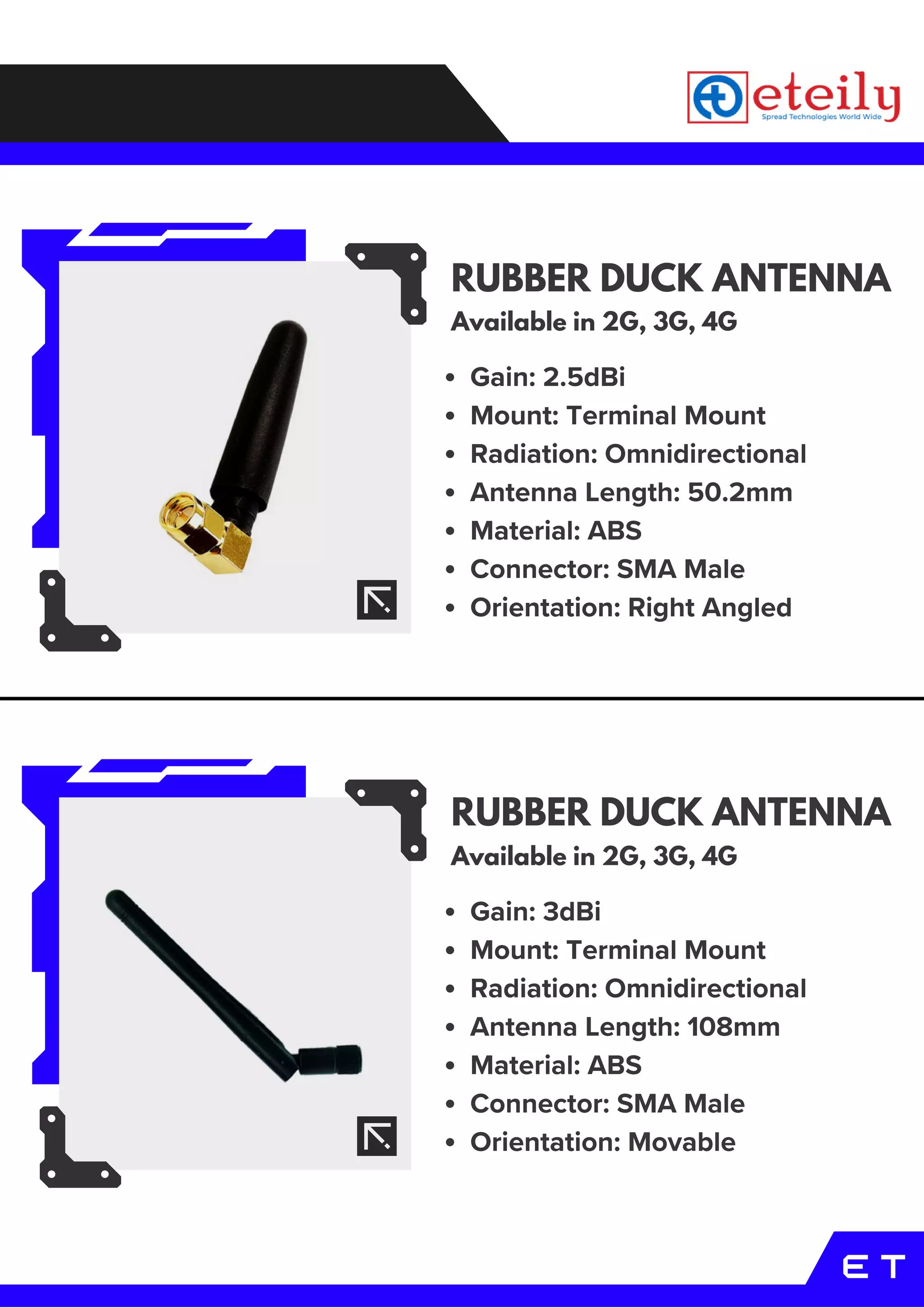 E T
RUBBER DUCK ANTENNA
Gain: 2.5dBi
Mount: Terminal Mount
Radiation: Omnidirectional
Antenna Length: 50.2mm
Material: ABS
Connector: SMA Male
Orientation: Right Angled
Available in 2G, 3G, 4G
RUBBER DUCK ANTENNA
Available in 2G, 3G, 4G
Gain: 3dBi
Mount: Terminal Mount
Radiation: Omnidirectional
Antenna Length: 108mm
Material: ABS
Connector: SMA Male
Orientation: Movable
 