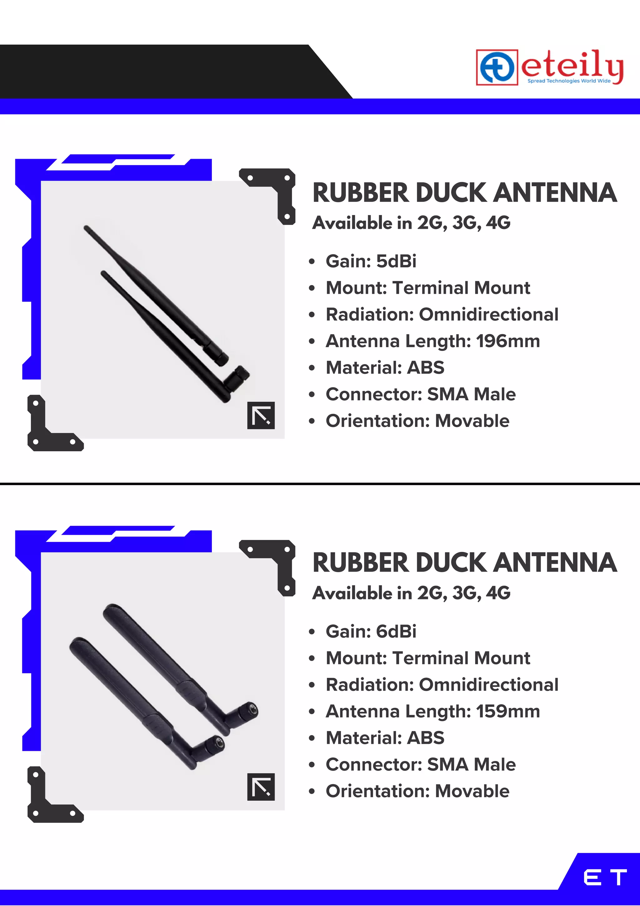 E T
RUBBER DUCK ANTENNA
Gain: 5dBi
Mount: Terminal Mount
Radiation: Omnidirectional
Antenna Length: 196mm
Material: ABS
Connector: SMA Male
Orientation: Movable
Available in 2G, 3G, 4G
RUBBER DUCK ANTENNA
Available in 2G, 3G, 4G
Gain: 6dBi
Mount: Terminal Mount
Radiation: Omnidirectional
Antenna Length: 159mm
Material: ABS
Connector: SMA Male
Orientation: Movable
 