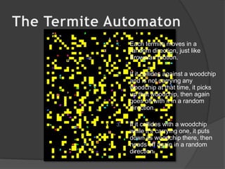 The Termite AutomatonEach termite moves in a random direction, just like Brownian motion.If it collides against a woodchip and is not carrying any woodchip at that time, it picks up that woodchip, then again goes off with it in a random direction.If it collides with a woodchip while it’s carrying one, it puts down its woodchip there, then heads off again in a random direction.