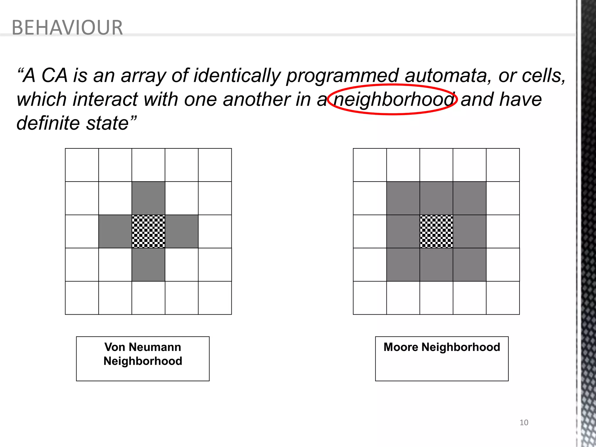 “A CA is an array of identically programmed automata, or cells,
which interact with one another in a neighborhood and have
definite state”
BEHAVIOUR
Von Neumann
Neighborhood
Moore Neighborhood
10
 