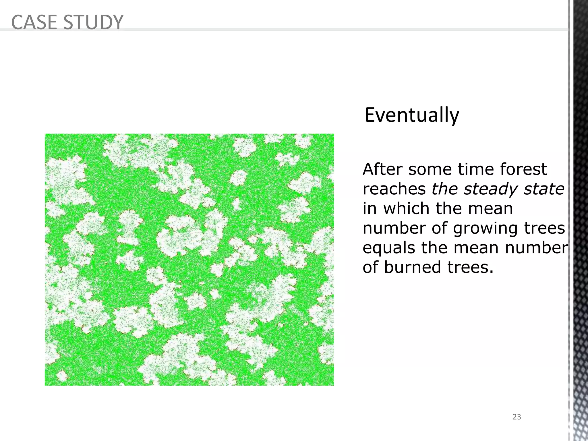 After some time forest
reaches the steady state
in which the mean
number of growing trees
equals the mean number
of burned trees.
CASE STUDY
23
 