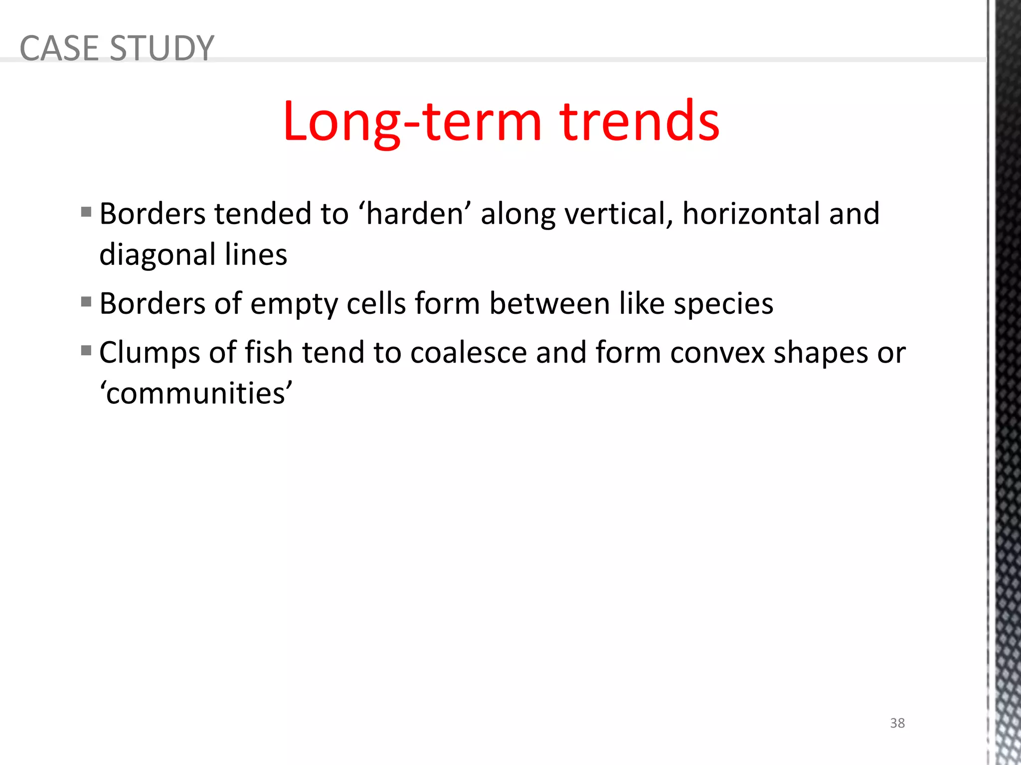 Borders tended to ‘harden’ along vertical, horizontal and
diagonal lines
Borders of empty cells form between like species
Clumps of fish tend to coalesce and form convex shapes or
‘communities’
Long-term trends
CASE STUDY
38
 