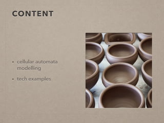 CONTENT
• cellular automata
modelling
• tech examples
 