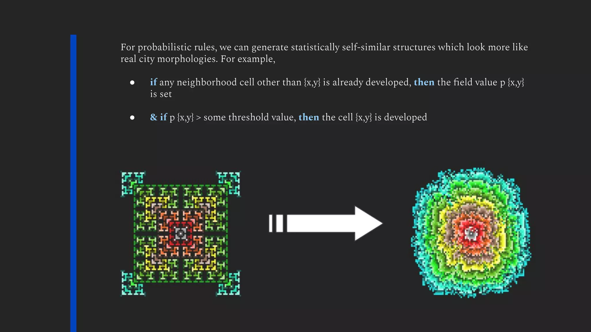 For probabilistic rules, we can generate statistically self‐similar structures which look more like
real city morphologies. For example,
● if any neighborhood cell other than {x,y} is already developed, then the ﬁeld value p {x,y}
is set
● & if p {x,y} > some threshold value, then the cell {x,y} is developed
 
