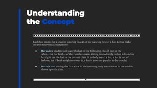 Each box stands for a student wearing (black) or not wearing (white) a hat. Let us make
the two following assumptions:
● Hat rule: a student will wear the hat in the following class if one or the
other—but not both—of the two classmates sitting immediately on her left and on
her right has the hat in the current class (if nobody wears a hat, a hat is out of
fashion; but if both neighbors wear it, a hat is now too popular to be trendy).
● Initial class: during the ﬁrst class in the morning, only one student in the middle
shows up with a hat.
 