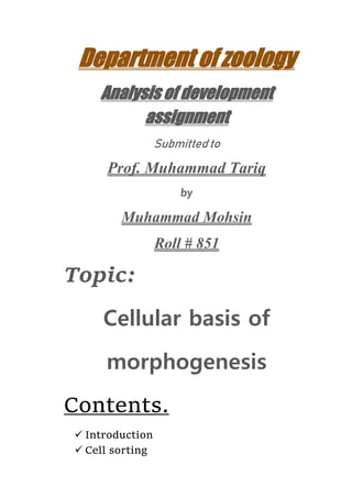 Department of zoology
Analysis of development
assignment
Submitted to
Prof. Muhammad Tariq
by
Muhammad Mohsin
Roll # 851
Topic:
Cellular basis of
morphogenesis
Contents.
 Introduction
 Cell sorting
 