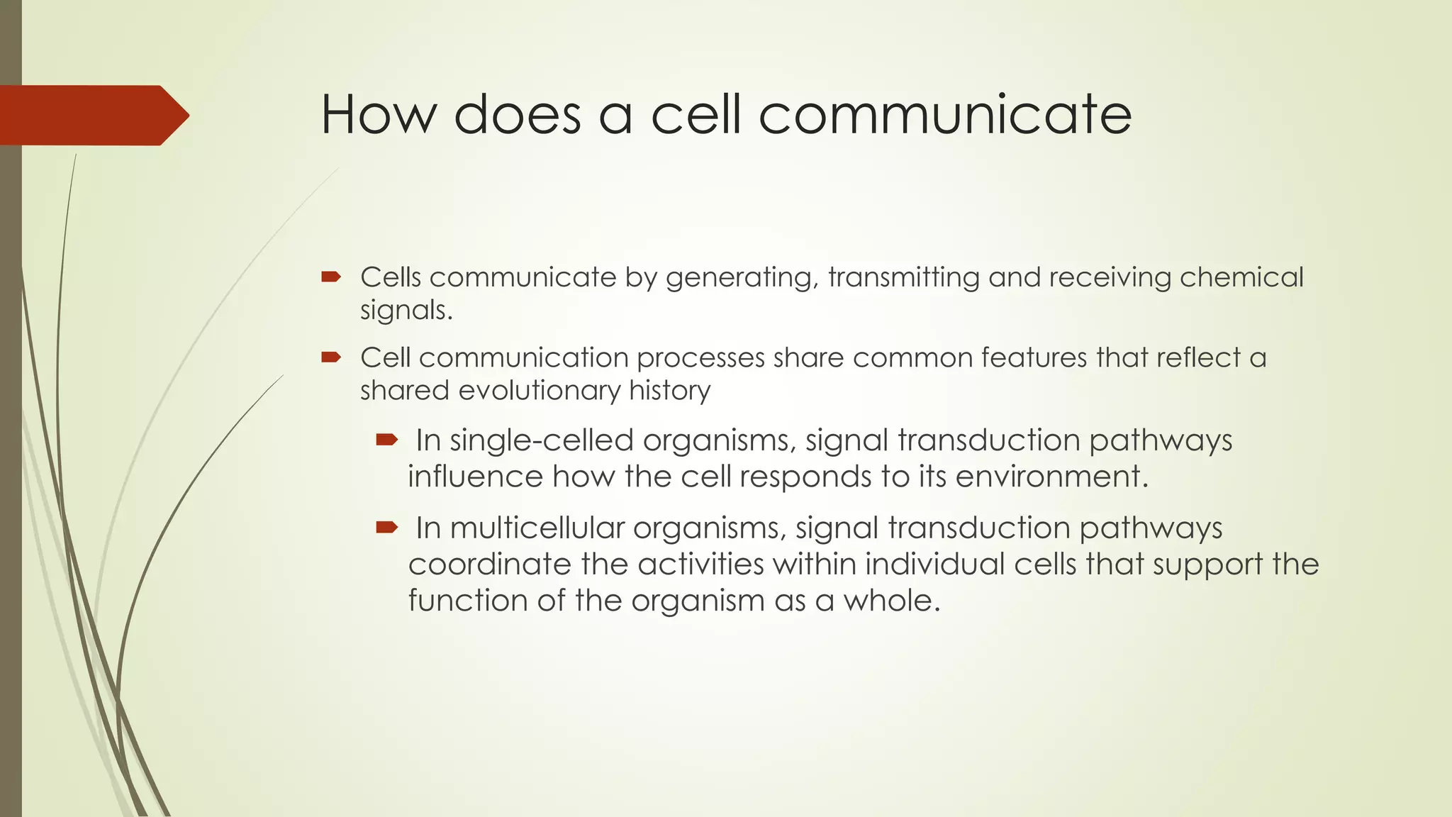 How does a cell communicate
 Cells communicate by generating, transmitting and receiving chemical
signals.
 Cell communication processes share common features that reflect a
shared evolutionary history
 In single-celled organisms, signal transduction pathways
influence how the cell responds to its environment.
 In multicellular organisms, signal transduction pathways
coordinate the activities within individual cells that support the
function of the organism as a whole.
 