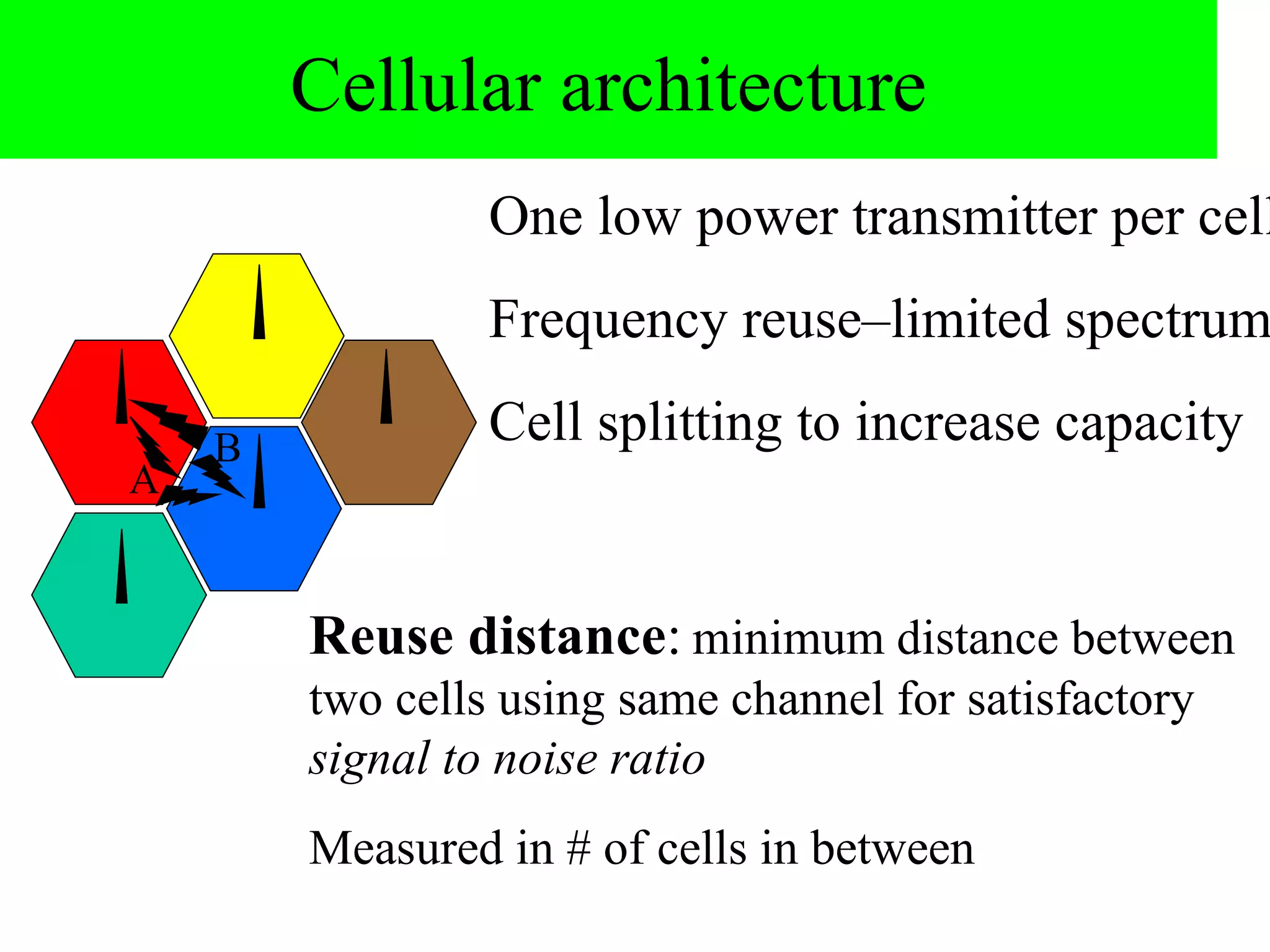 Cellular architecture
                 One low power transmitter per cell
                 Frequency reuse–limited spectrum

    B
                 Cell splitting to increase capacity
A


        Reuse distance: minimum distance between
        two cells using same channel for satisfactory
        signal to noise ratio
        Measured in # of cells in between
 